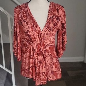 Free People Floral Split Short Sleeve V-Neck Top